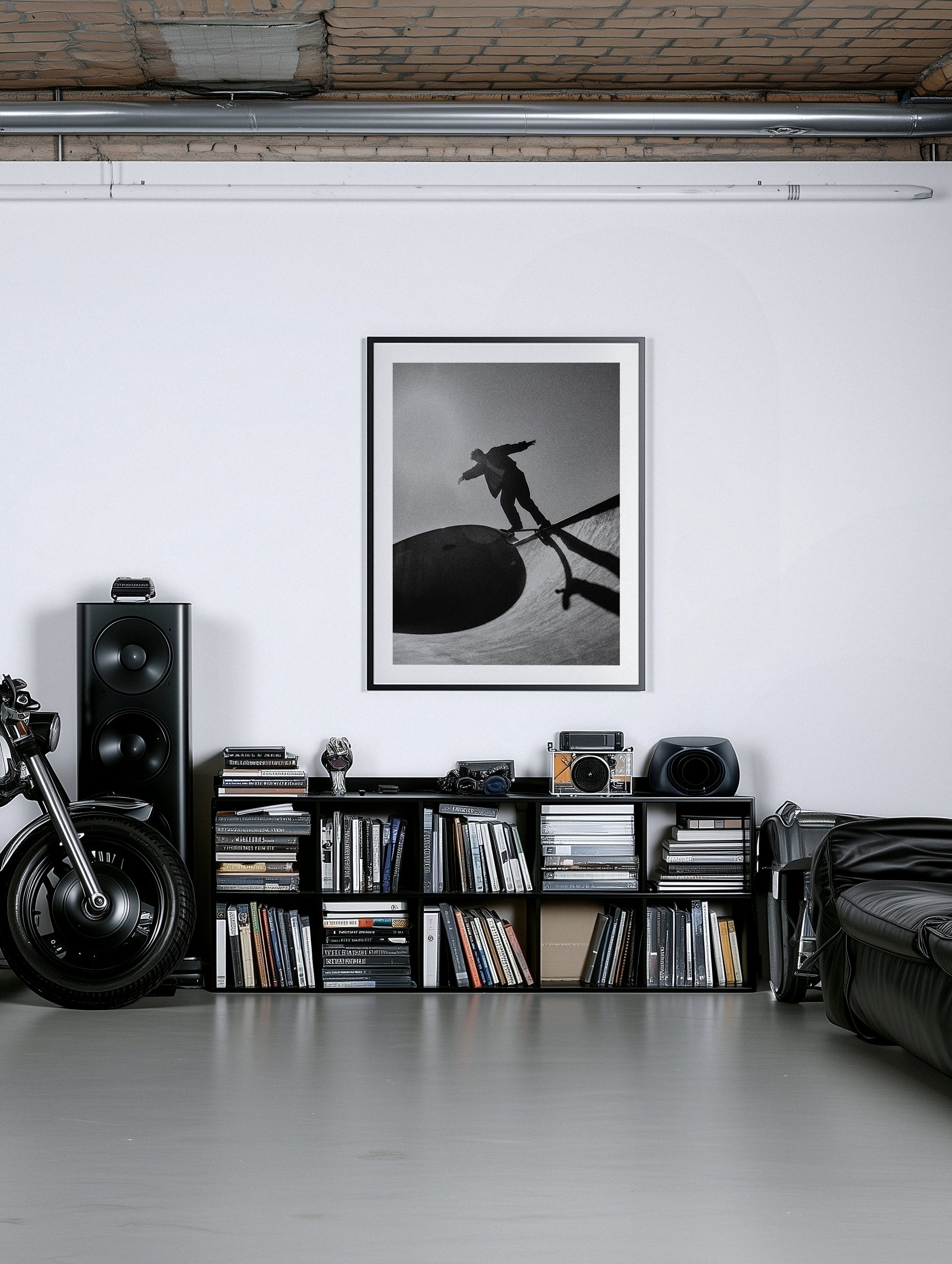 Modern living room with a framed black and white photography print.