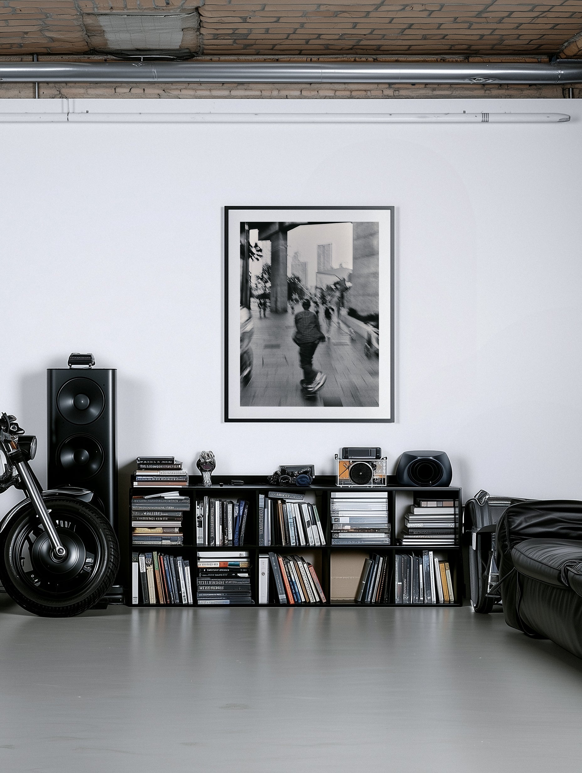 Modern living room with a framed picture on white wall.