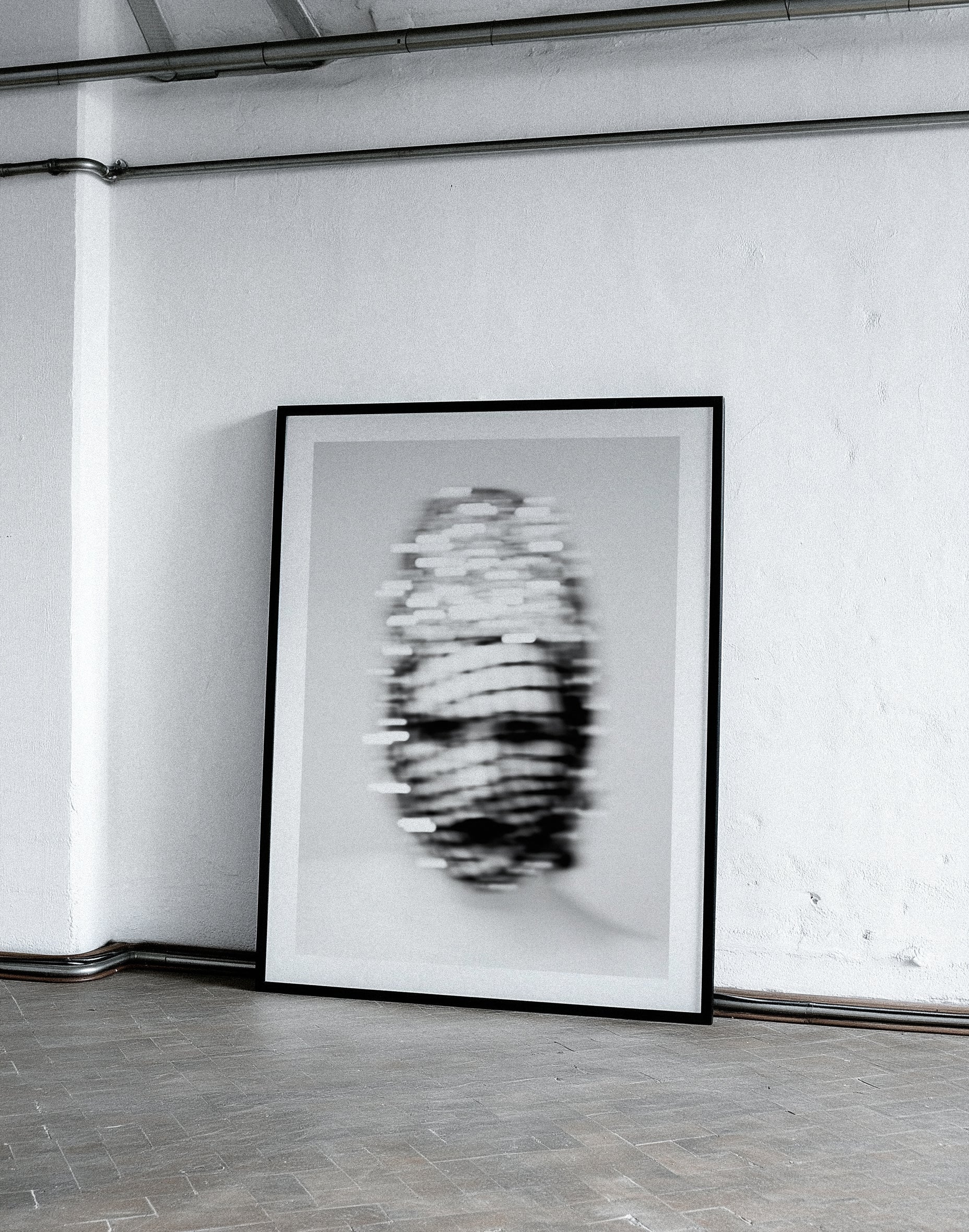 Framed black and white portrait on a plain wall.