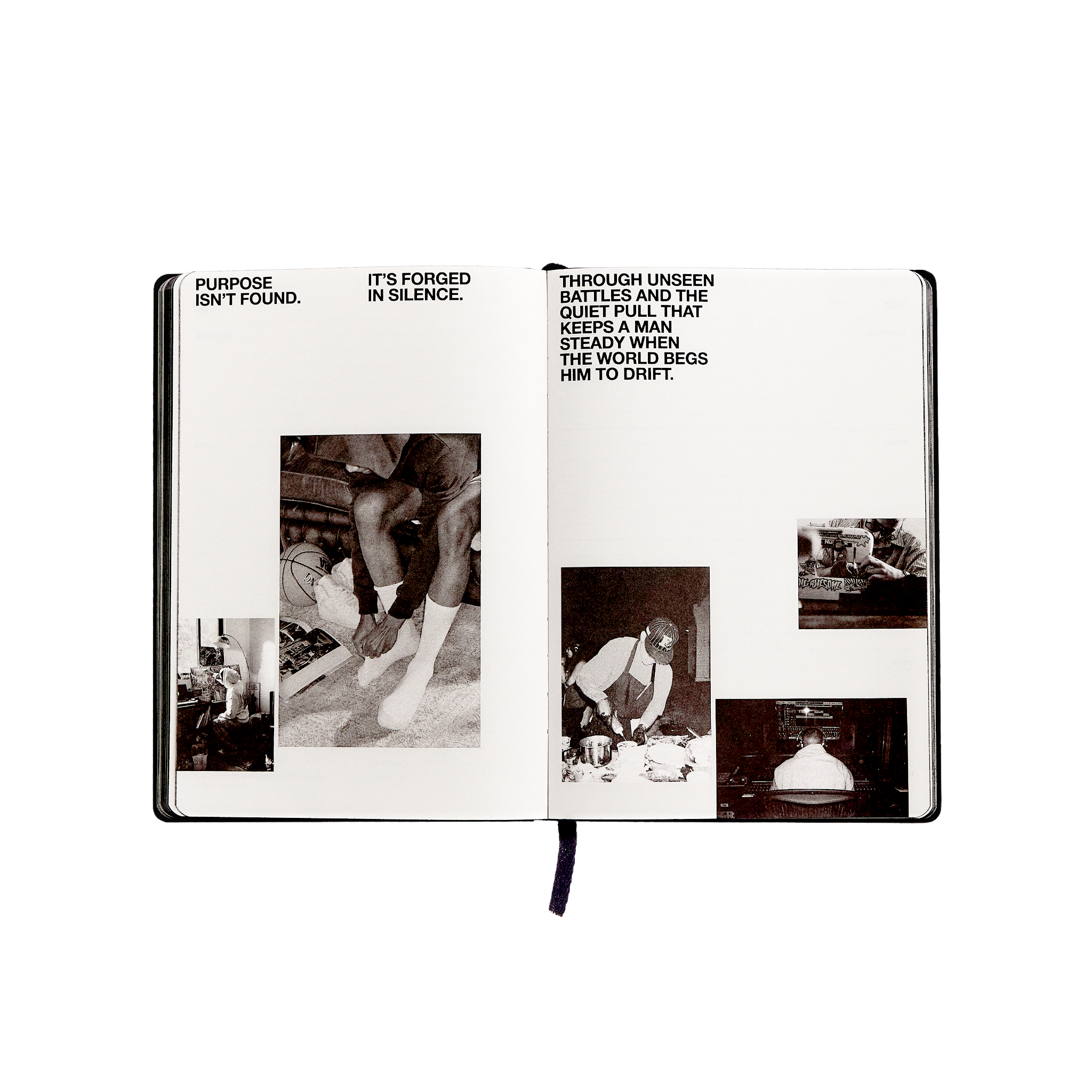 Open journal with black and white photos and text on a white background