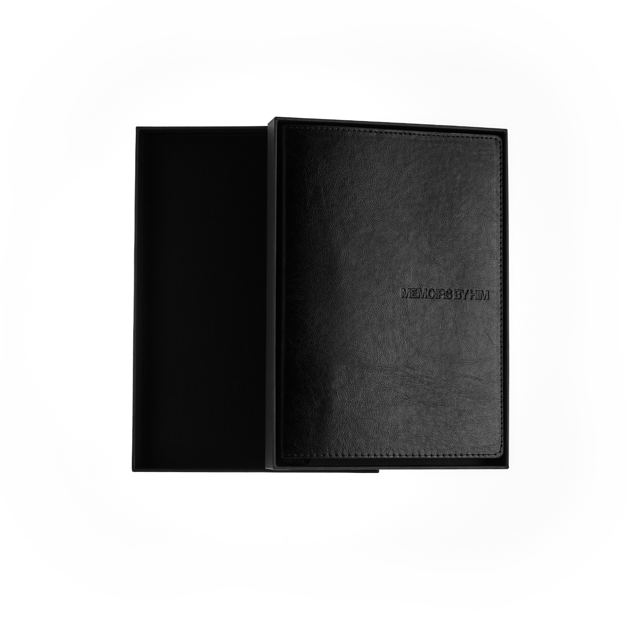 Black leather journal on a white background