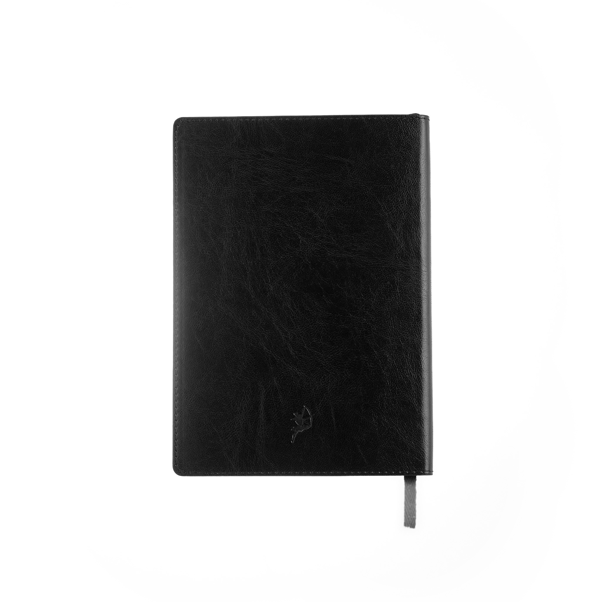 Black journal with a brand logo on a white background